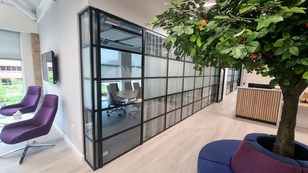 Frosted manifestation bands applied to glass partitions in a Central Milton Keynes office